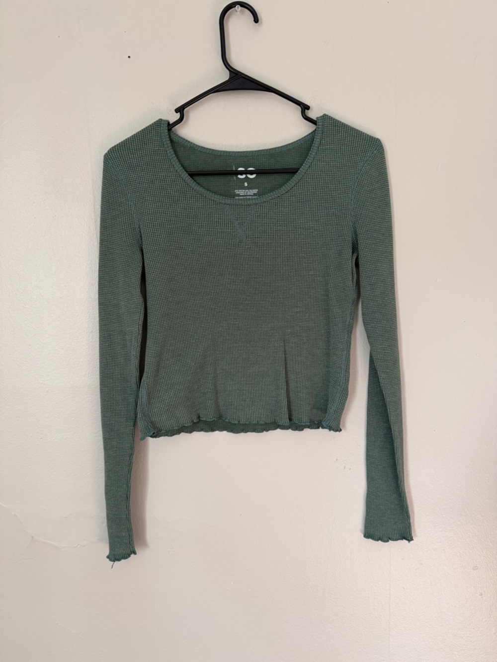 Women's Long Sleeve Waffle Cropped Top - Green